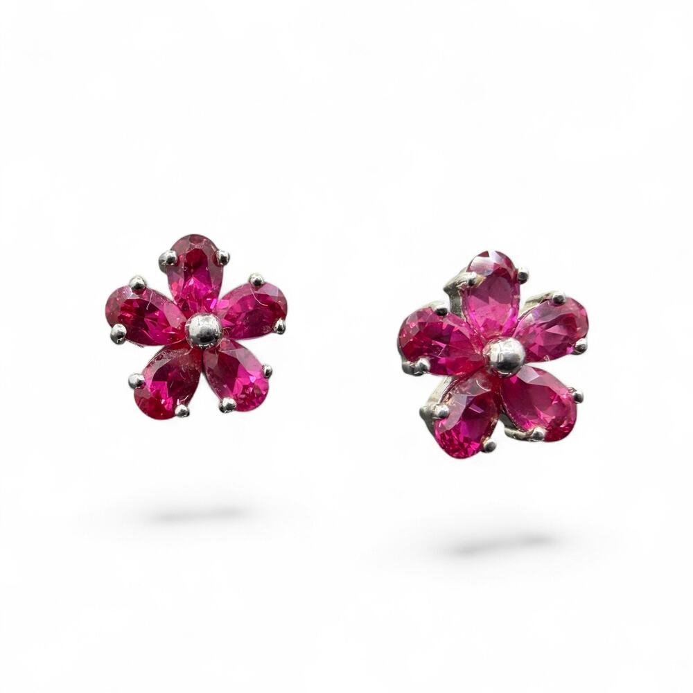 Created Ruby Flower Stud Earrings 925 Sterling Silver July Birthstone Daisy - Picture 2 of 7
